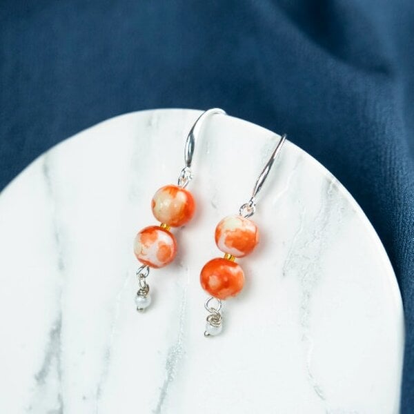 The Colourful Aura Colourful Orange Double Marble Pearl Double Simple Pearl Dangle Dainty Earrings