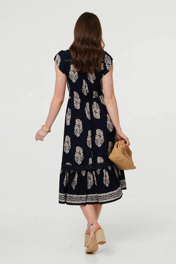 Navy | Printed Shirred Cap Sleeve Midi Dress