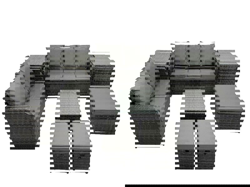 Fimous Wicker PE Rattan Garden Outdoor Furniture Set Love Sofa Square Coffee Table Set with 3 Stools 2 Side Tables Dark Grey Mixed