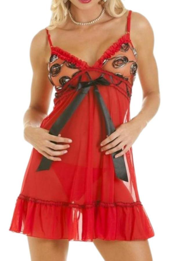 Womens Red Sheer Mesh Babydoll & Thong