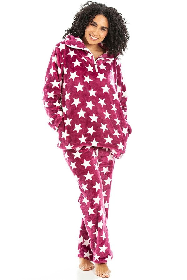 Camille Womens Supersoft Fleece Burgundy Star Print Pyjama Set