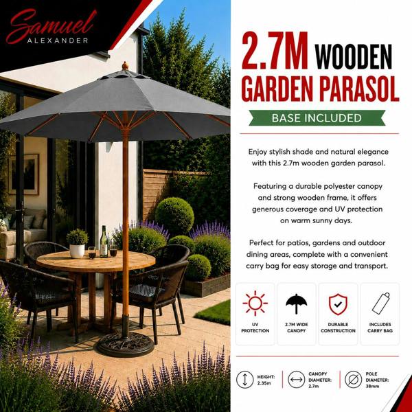 Samuel Alexander 2.7m Outdoor Wooden Garden Parasol Sun Shade with Carry Bag in Grey with 9kg Base Included