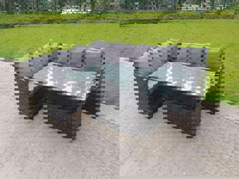 Fimous High Back Corner Rattan Garden Furniture Sofa Dining Rising Table Height Adjustable 6 Seater