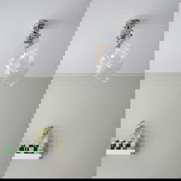 Decorative Flush Bathroom Ceiling Light Fitting - Clear Spiral Glass Shade