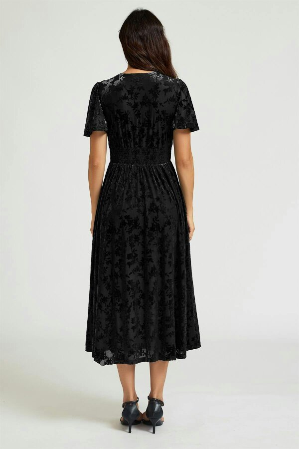 FS Collection Floral Velvet Devore V neckline Dress In Black