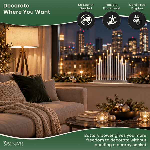 17-Light Silver Metallic Christmas Candle Bridge with LED Lights, Battery Operated Window Decoration, Timer Function, No Assembly