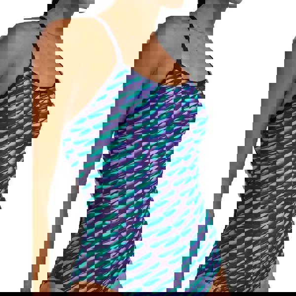 Navy green TYR Dragonflyte Durafast Elite Trinity swimsuit with geometric pattern