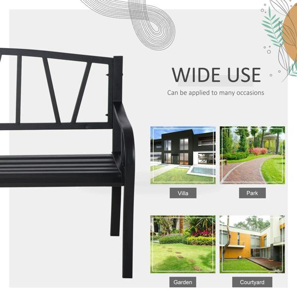 Black metal two-seat garden bench with curved slat backrest and armrests