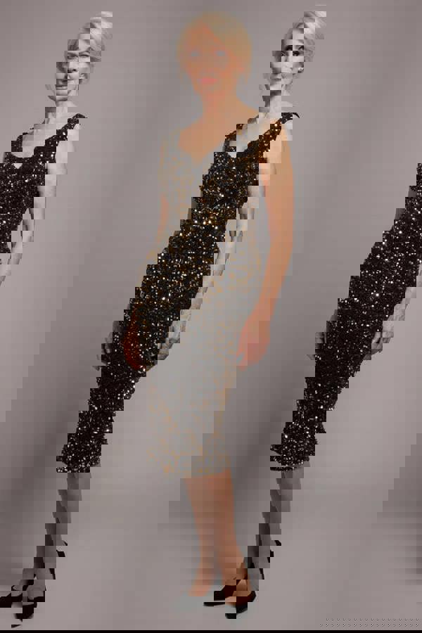 Multi Sequin & Velvet Bardot Midi Dress - Gold DR3550M