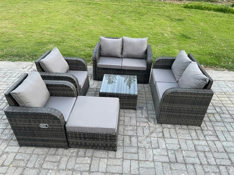 Fimous 7 Seater Rattan Sofa Set Outdoor Garden Furniture Set with Square Coffee Table Loveseat Sofa Reclining Chairs Big Footstool Dark Grey Mixed
