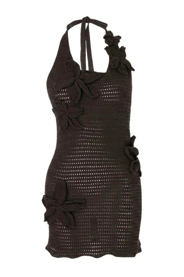 WOVCOR Knitted Floral Applique Beach Mini Dress