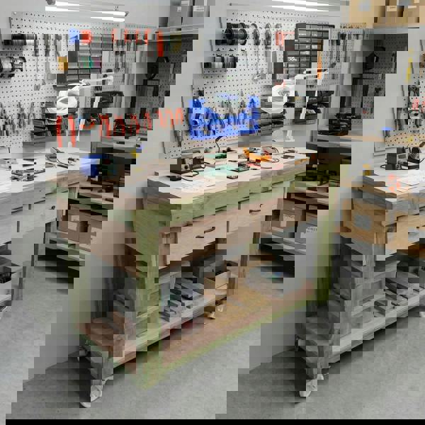 Wooden eucalyptus Top Workbench – Mobile Tool Cabinet with Drawers and Wheels, Ideal for Dry Indoor Spaces Such as Garages, Workshops, and Studios.