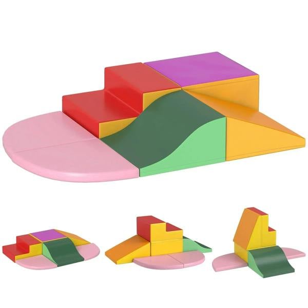 Multicolor soft foam climbing and crawling set with steps, ramps, and foldable mats