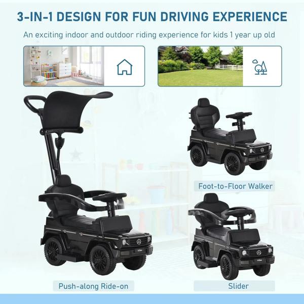 Black kids 3-in-1 ride-on push car shown with seat and driving controls