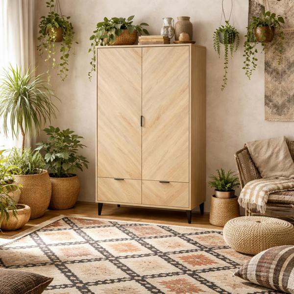 Wyld Haus Skerries 2 Door Chevron Wardrobe Natural Oak Wood 2 Drawers