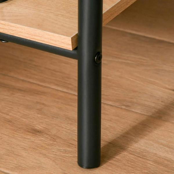 Black metal clothes rack leg with wooden shelf edge support