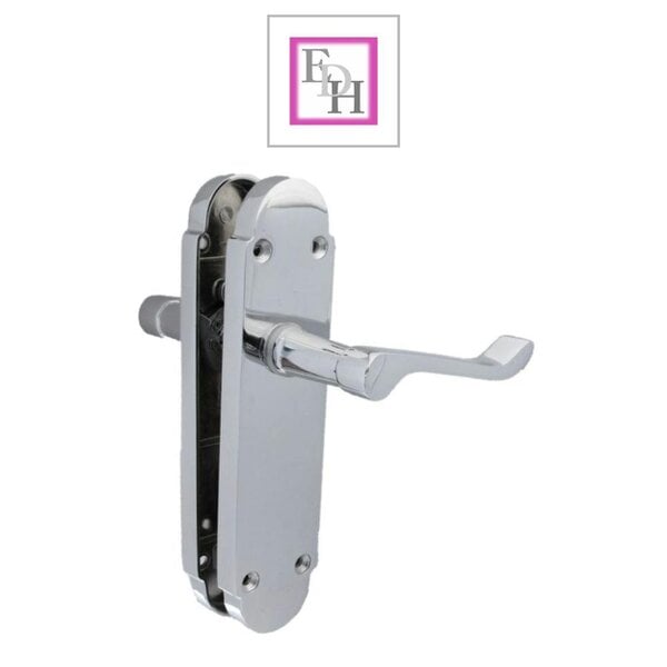 EDH Door Hardware Polished Chrome Victorian Scroll Door Handles on Shaped Backplate – 170mm x 40mm + Tubular Latch