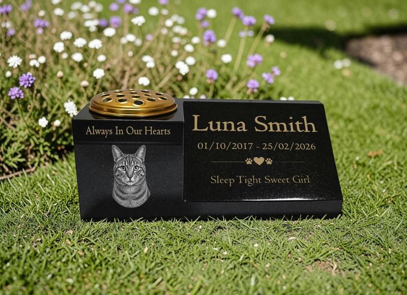 Memorials Direct Cat Memorial Granite Photo Vase & Plaque Combination