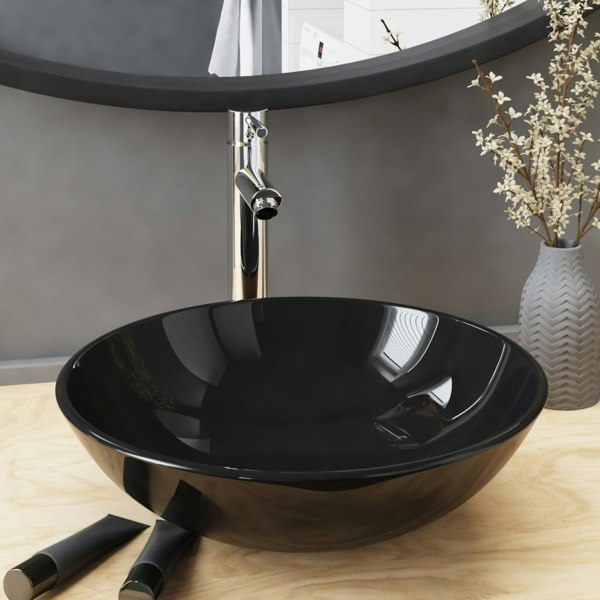 Berkfield Bathroom Sink with Tap and Push Drain Black Tempered Glass