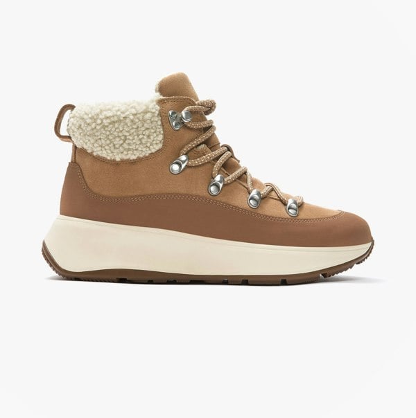 FitFlop F-MODE TEDDY-COLLAR WARM SUEDE Womens Suede Booties Desert Tan