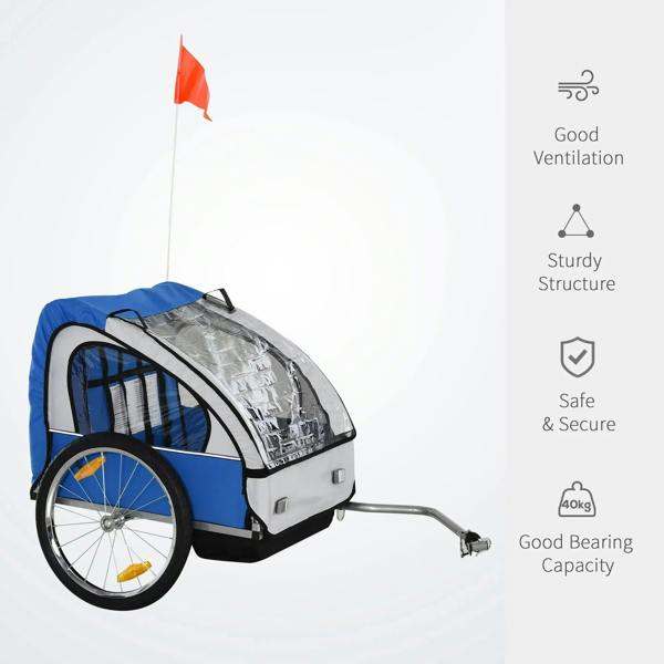Blue and white bike trailer wagon with clear weather cover and safety flag on rear wheel