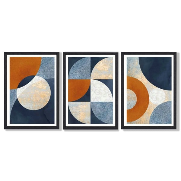 Artze Wall Art Abstract GEOMETRIC Set of 3 Navy Blue Orange and Gold Framed Art Prints