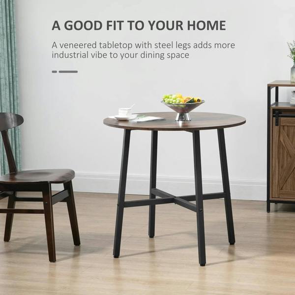 Round dining table with rustic brown tabletop and black steel legs in industrial style