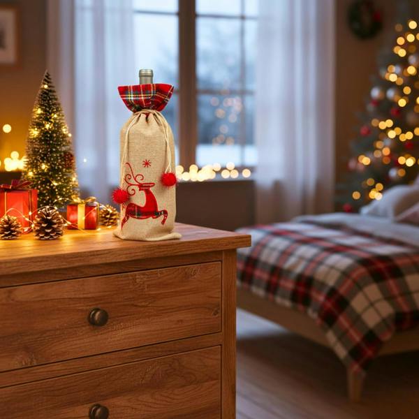 Size 15 x 35 cm Christmas Wine Bottle Cover Bag with Drawstring Reindeer Print for Festive Gift Display image 9