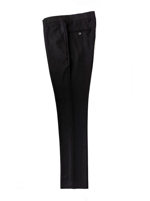 Black textured slim fit suit with two buttons by PAMONI, shown on a hanger against a plain background.