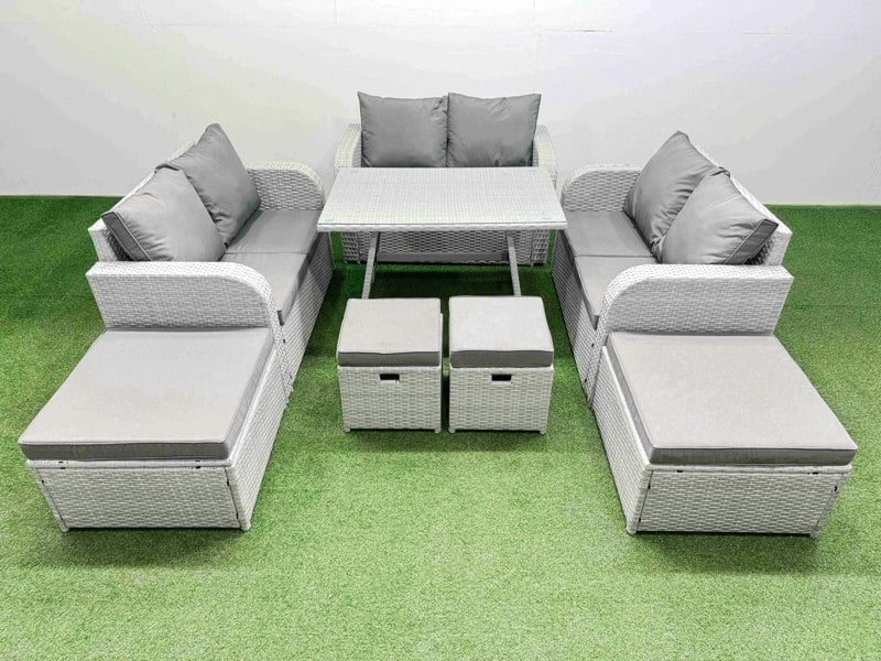 Fimous 10 Seater Patio Garden Furniture Sets with Dining Table Love Sofa 4 Stools Light Grey