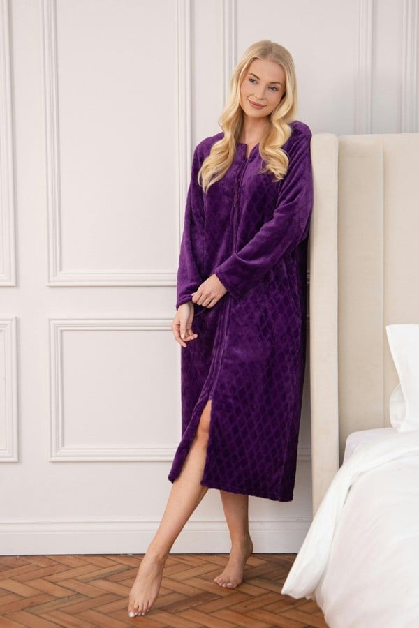 Camille Womens Supersoft Light Blue Zip Front Diamond Print Housecoat - diamond purple