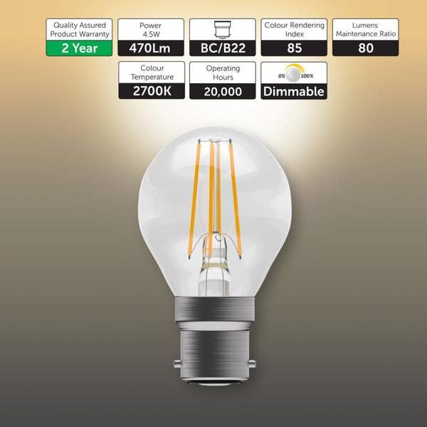 BELL Lighting B22 Dimmable Filament LED Golf Ball Bulbs, Warm White 2700K ,  4.5W , 40W Halogen Replacement , Bayonet Cap