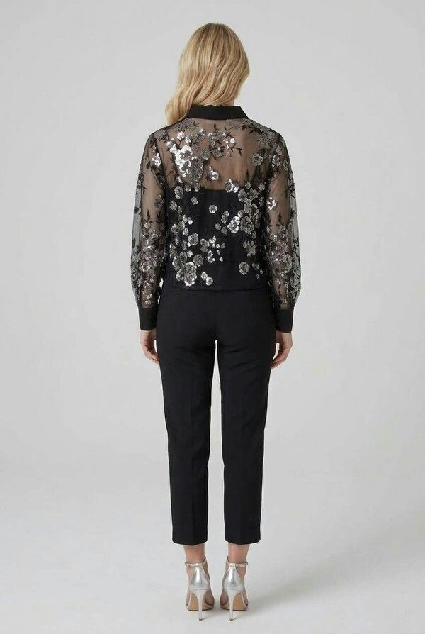 Izabel London Sheer Floral Embellished Cropped Shirt
