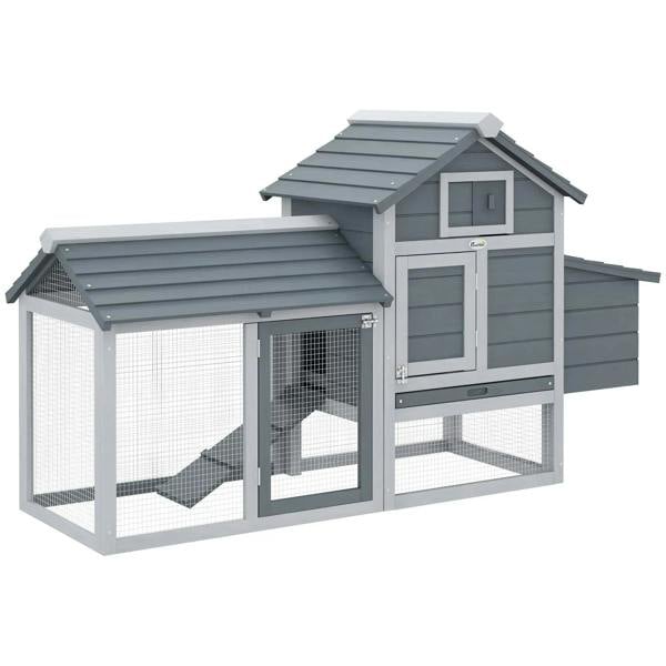 Grey small chicken coop with fenced run and enclosed nesting box, gable roof