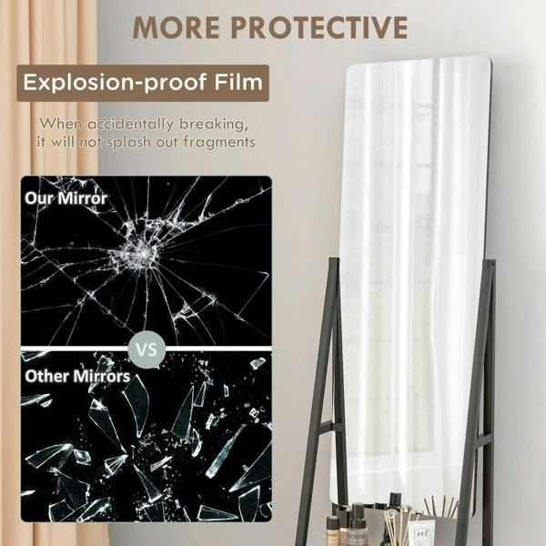 Black full-length standing dressing mirror on rolling base with protective glass panel