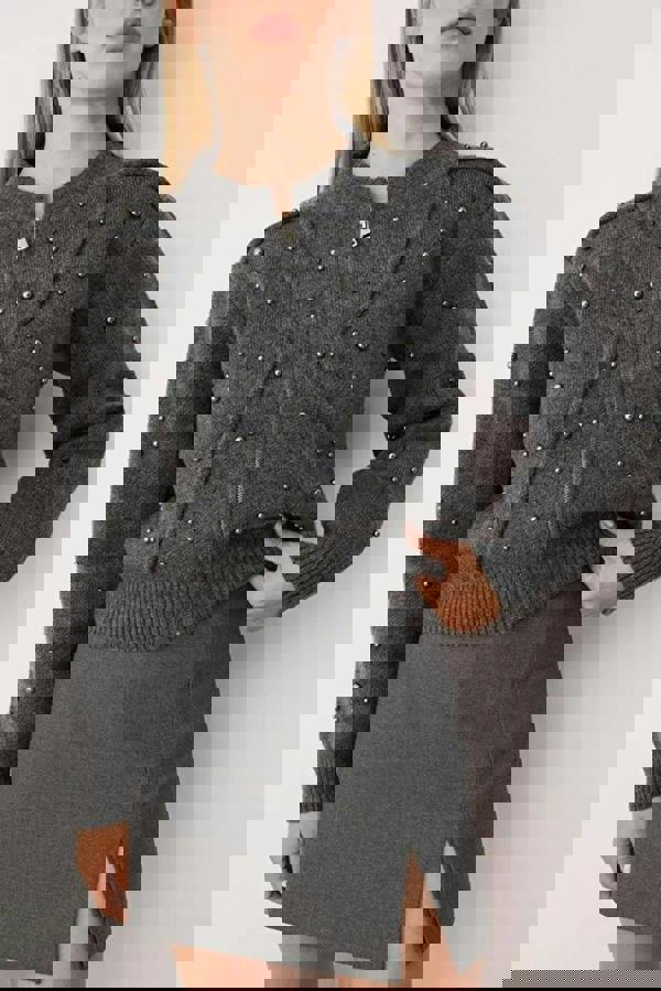 WOVCOR Soft Textured Zippered Knit Cardigan with Stone Details