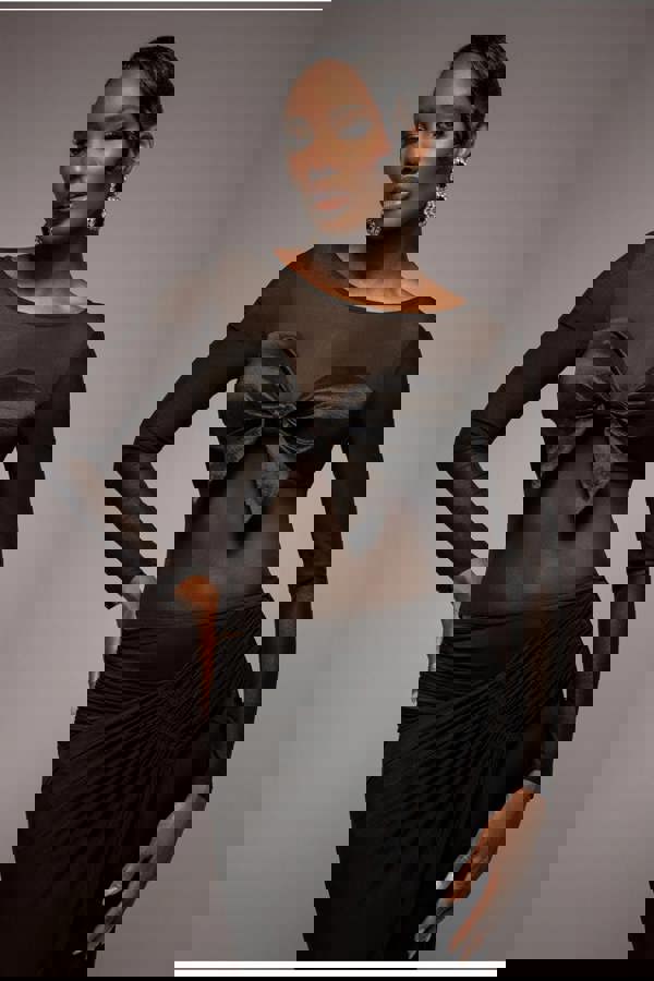 Long Sleeve Mesh Sleeveless Taffeta Bow Top - Black T266