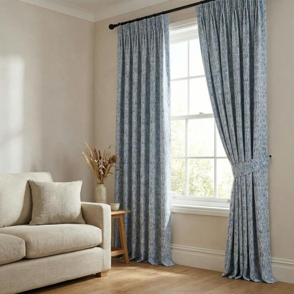 Bobbi made-to-measure curtains in Cobalt, styled in a living room