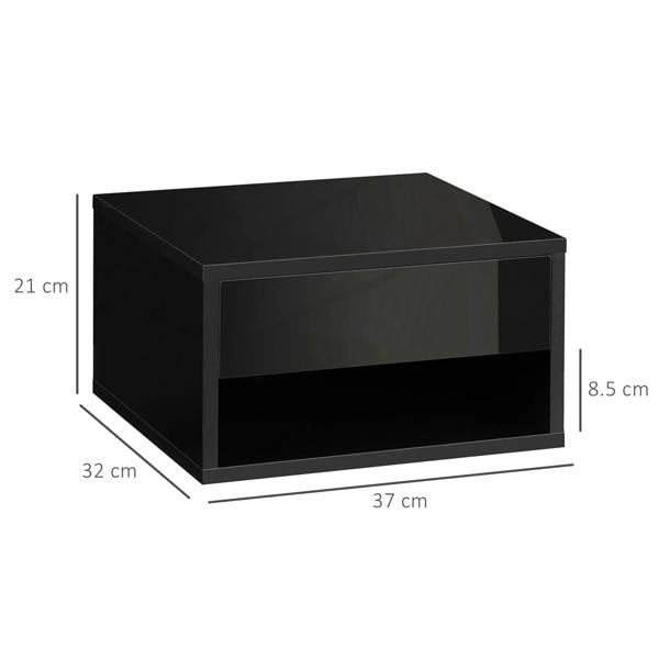 High-gloss black floating bedside table with open shelf; size dimensions shown