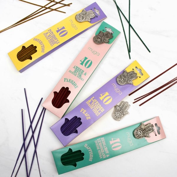 Myga Spirit Incense Stick Set – 4 Unique Scents with Hamsa Holder