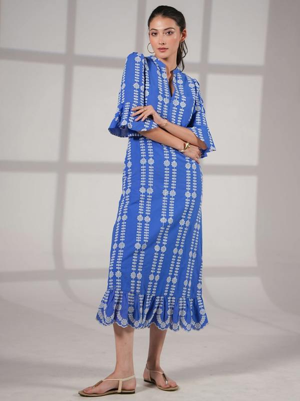 Rose & Nancy Cat Blue Cotton Broderie Midi Dress