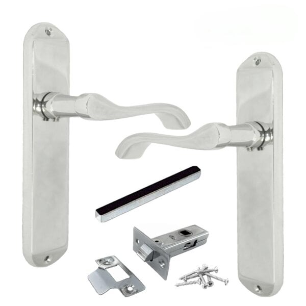 EDH Door Hardware Cadenza Victorian Scroll Door Handles Polished Chrome – Lever Latch, Bathroom Lock & 3 Lever Lock Sets - Latch Handle + Tubular Latch