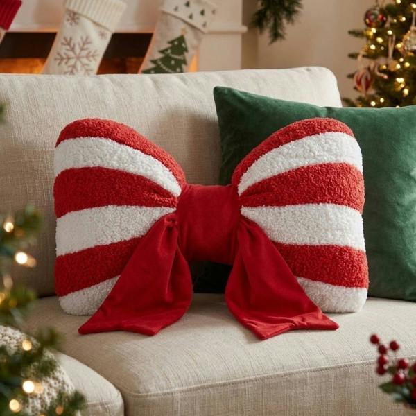 Garden Greatness Noel Candy Cane Bow Christmas Cushion