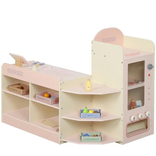 Kids pink grocery store playset with checkout counter, shelving and vending machine