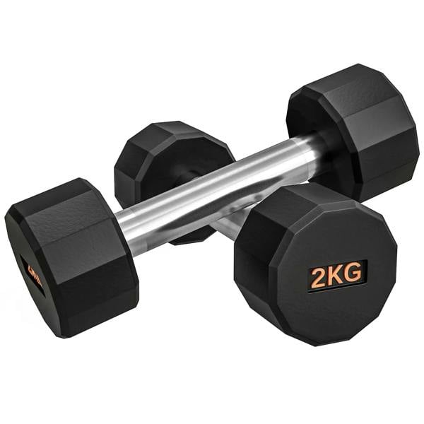 Black 2KG hex dumbbell with non-slip grip and orange weight marking