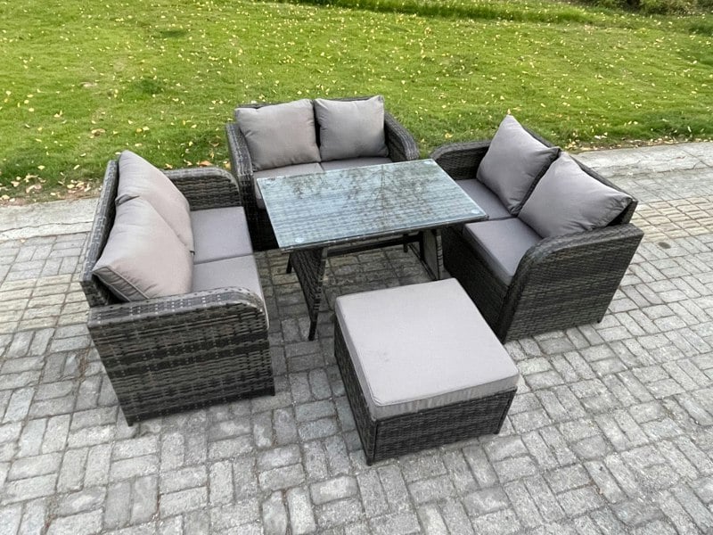 Fimous Rattan Garden Furniture Set 7 Seater Patio Outdoor Love Sofa Set with Rectangular Dining Table Big Footstool Dark Grey Mixed