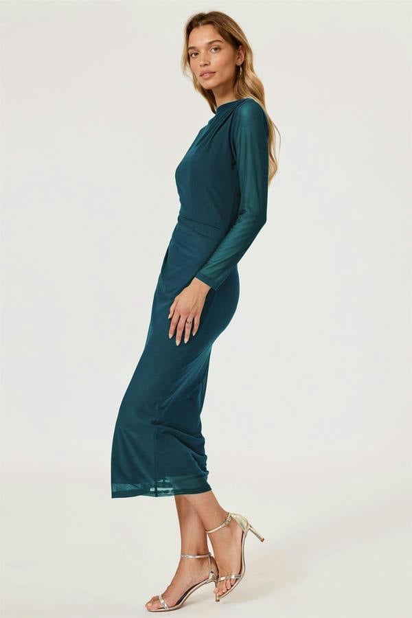 FS Collection Long Sleeves Mesh Midi Dress In Teal