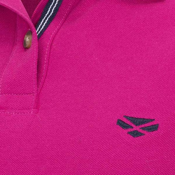 Close-up of Hoggs of Fife Cora polo shirt in berry showing button detail and textured piqué weave for casual countryside style