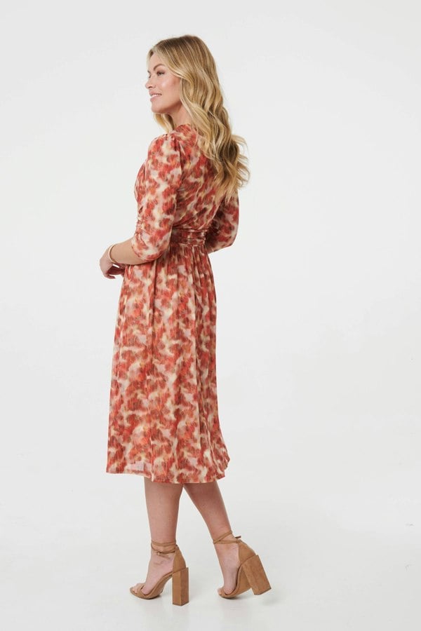 Red | Printed 3/4 Sleeve Midi Faux Wrap Dress
