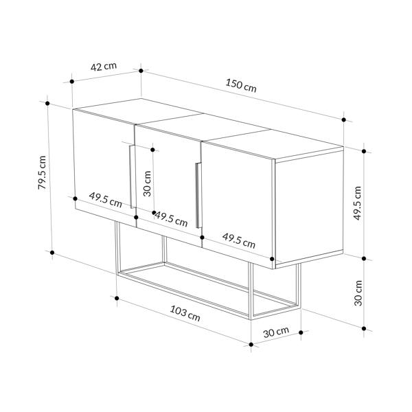 Decortie Tontini Modern Console Sideboard Display Unit with 3 Cabinets and Shelves Oak Dark Oak Effect Dark Coffee 150cm